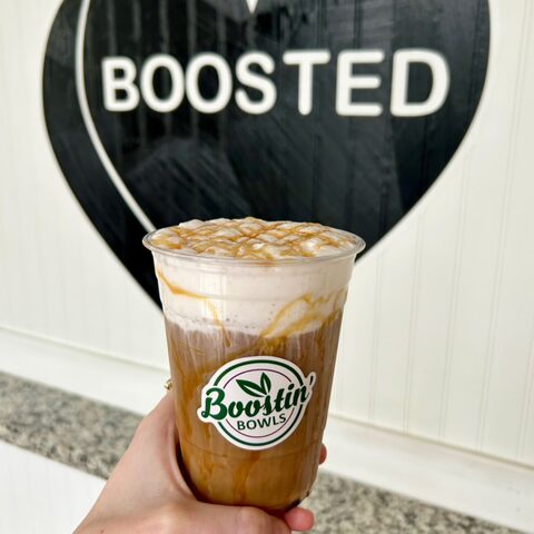 Cold brew with caramel syrup, drizzle, and cold foam